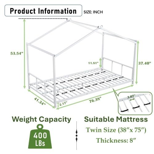 UOCFYK Twin Size Floor Bed with Roof Design for Kids, Girls, Boys,Montessori Floor Bedframe for Small Space,Easy Assembly & No Box Spring Needed, White