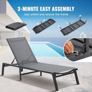 VEVOR 2 Pcs Chaise Lounge Chairs Outdoor, Aluminum Patio Lounge Chairs with Adjustable 5-Position, Folding Pool Lounge Chairs Recliner and Full Flat Tanning Chairs for Patio, Beach, Pool, Grey, 2 pcs