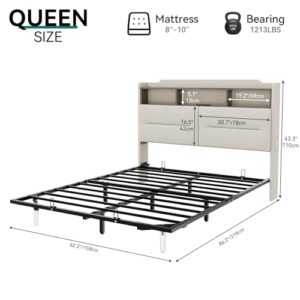 YITAHOME Queen Size Floating Bed Frame, Upholstered Platform Bed with Hidden Storage Headboard, RGB Bed Frame with USB-C/A Charging Station, No Box Spring Needed, Beige