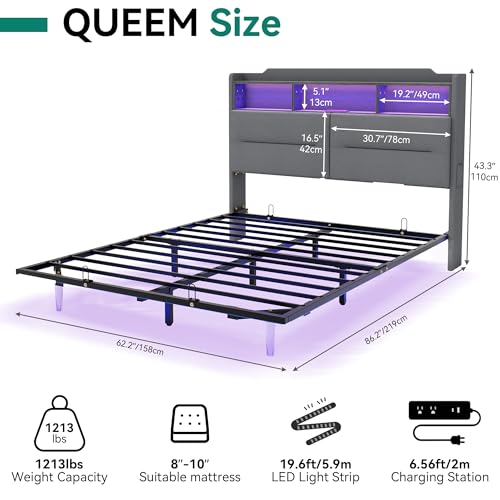 YITAHOME Queen Size Floating Bed Frame, Upholstered Platform Bed with Hidden Storage Headboard, RGB Bed Frame with USB-C/A Charging Station, No Box Spring Needed, Gray