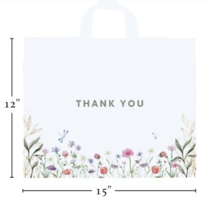 Purple Q Crafts Thank You Bags for Business and Stores 50 Pack 15" W x 12" H Floral Plastic Shopping Bags With Soft Loop Handle