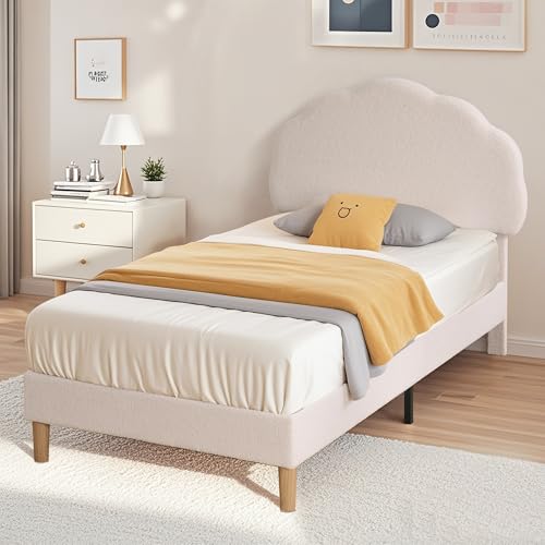 VECELO Twin Size Bed Frame, Upholstered Platform Bedframe with Height Adjustable Plush Fabric Headboard, Strong Wood Slat Supports, No Box Spring Needed, Beige