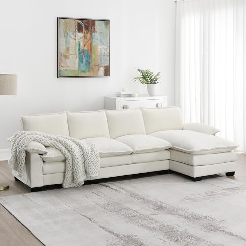 L Shape Sectional Couch for Living Room Sets, 118" 5-Seat Sofa Couch with Chaise Lounge, Chenille Cloud Sofa with Double Seat Cushions, Sleeper Sofa Couch for Apartment, Studio, Office, Beige