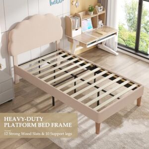 VECELO Twin Size Bed Frame, Upholstered Platform Bedframe with Height Adjustable Plush Fabric Headboard, Strong Wood Slat Supports, No Box Spring Needed, Beige