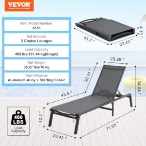 VEVOR 2 Pcs Chaise Lounge Chairs Outdoor, Aluminum Patio Lounge Chairs with Adjustable 5-Position, Folding Pool Lounge Chairs Recliner and Full Flat Tanning Chairs for Patio, Beach, Pool, Grey, 2 pcs