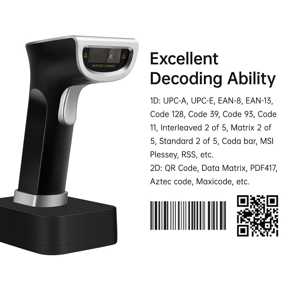 Wireless QR 2D Barcode Scanner with Cradle Handheld USB Wired Bar Code Reader Support Paper and Screen Compatible with Windows Android Mac Manual/Continuous/Auto-Induction Trigger Scanning for