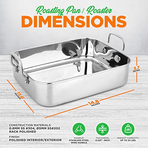 NutriChef Stainless Steel Roasting Pan with Lid and Polished Rack - Wide Wire Handles for a Confident Grip - Ideal for Thanksgiving, Tender Roasts, Deep Dishes, and More, 14.8'' x 11.6" x 3.7" IN