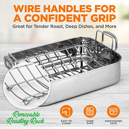 NutriChef Stainless Steel Roasting Pan with Lid and Polished Rack - Wide Wire Handles for a Confident Grip - Ideal for Thanksgiving, Tender Roasts, Deep Dishes, and More, 14.8'' x 11.6" x 3.7" IN