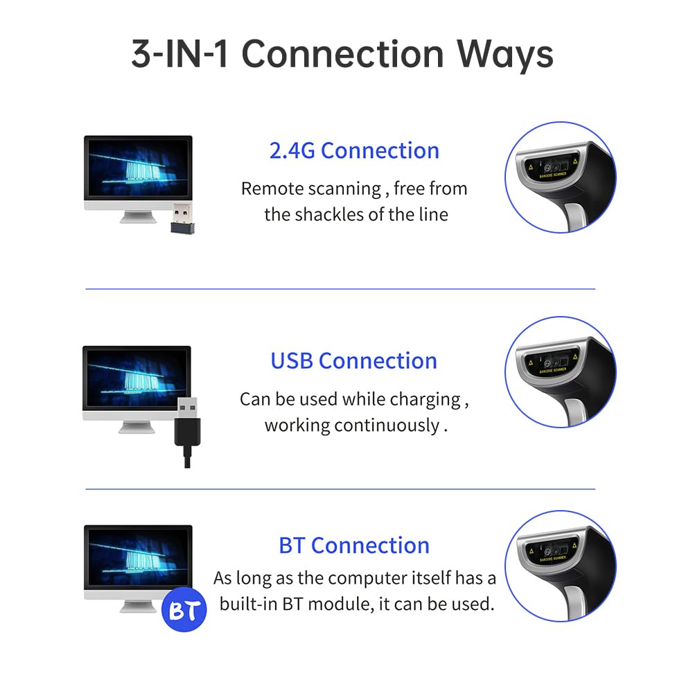Wireless QR 2D Barcode Scanner Handheld USB Wired Bar Code Reader Support Paper and Screen Compatible with Windows Android Mac Manual/Continuous/Auto-Induction Trigger Scanning for Supermarket