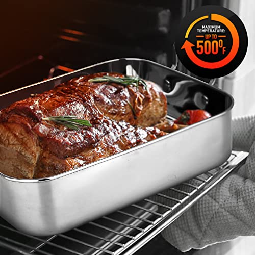 NutriChef Stainless Steel Roasting Pan with Lid and Polished Rack - Wide Wire Handles for a Confident Grip - Ideal for Thanksgiving, Tender Roasts, Deep Dishes, and More, 14.8'' x 11.6" x 3.7" IN