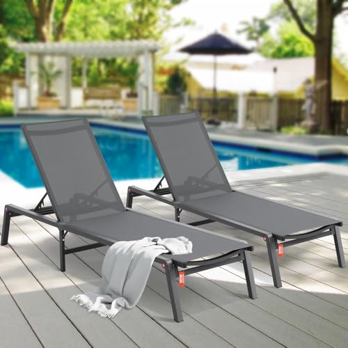 VEVOR 2 Pcs Chaise Lounge Chairs Outdoor, Aluminum Patio Lounge Chairs with Adjustable 5-Position, Folding Pool Lounge Chairs Recliner and Full Flat Tanning Chairs for Patio, Beach, Pool, Grey, 2 pcs