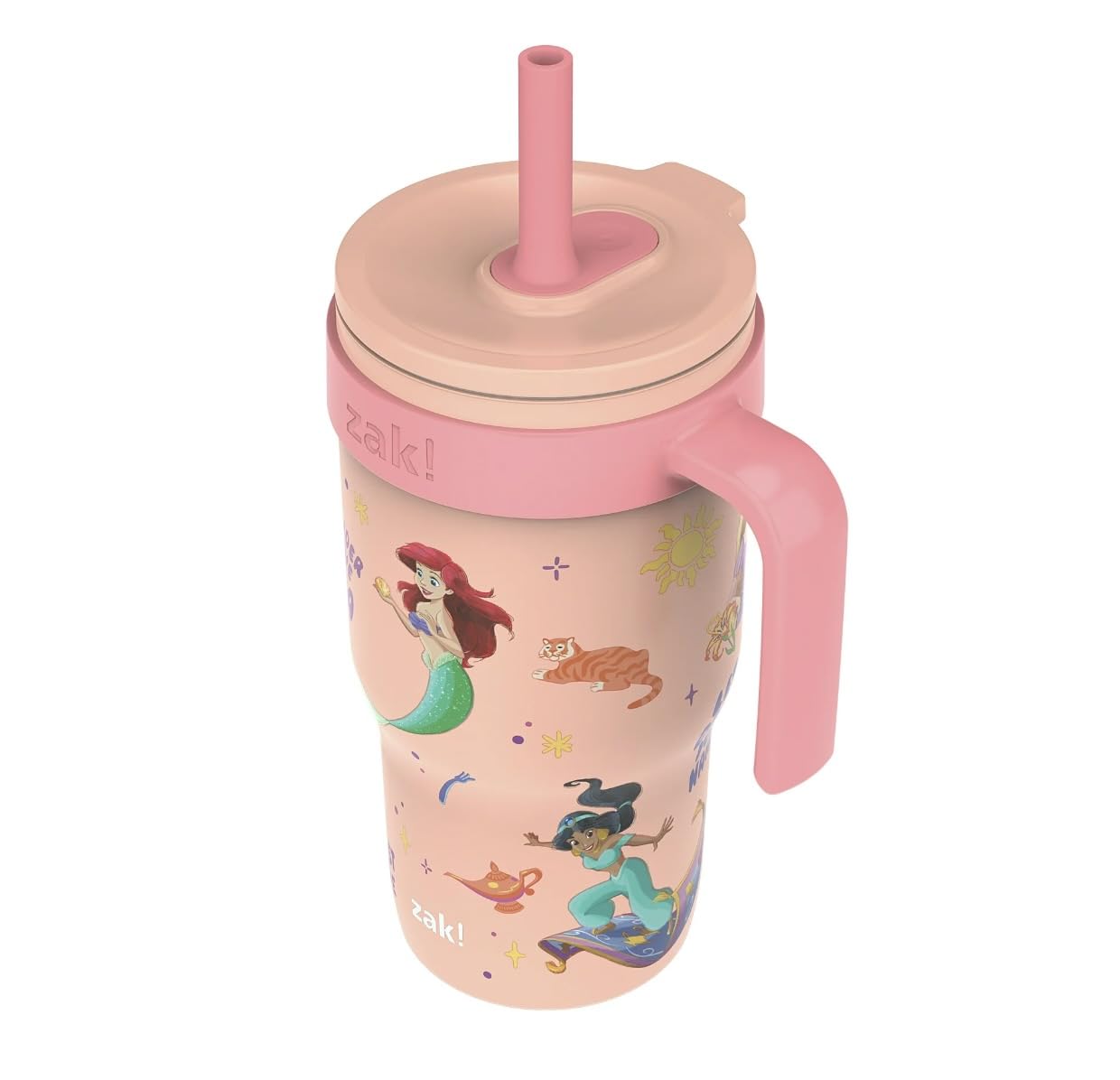 Zak Designs Disney Princess Cruiser Tumbler with Handle, Leak-Proof Straw, Stainless Steel, Vacuum Insulated, 18 oz.