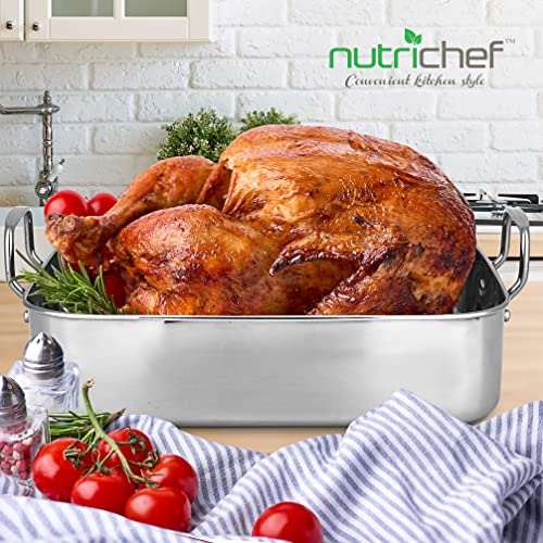 NutriChef Stainless Steel Roasting Pan with Lid and Polished Rack - Wide Wire Handles for a Confident Grip - Ideal for Thanksgiving, Tender Roasts, Deep Dishes, and More, 14.8'' x 11.6" x 3.7" IN