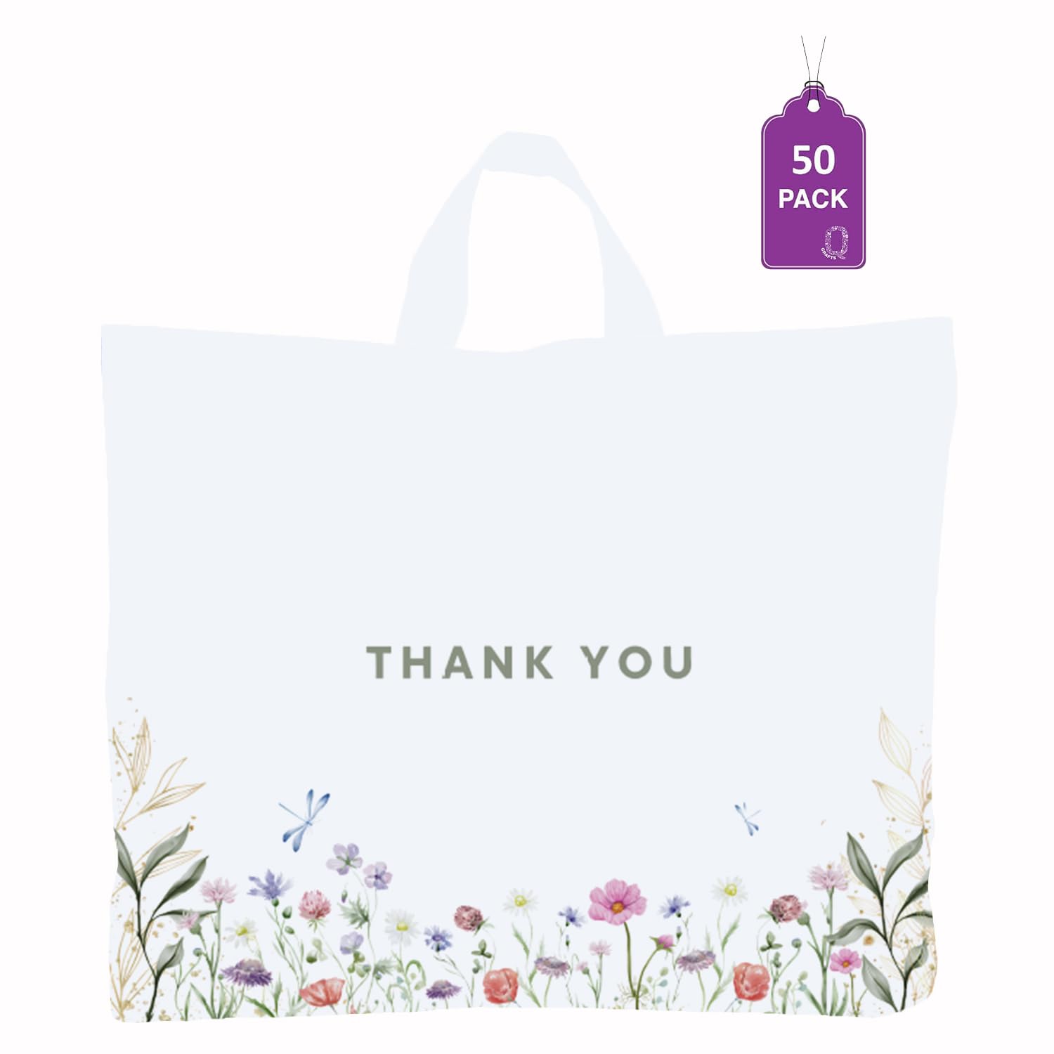 Purple Q Crafts Thank You Bags for Business and Stores 50 Pack 15" W x 12" H Floral Plastic Shopping Bags With Soft Loop Handle