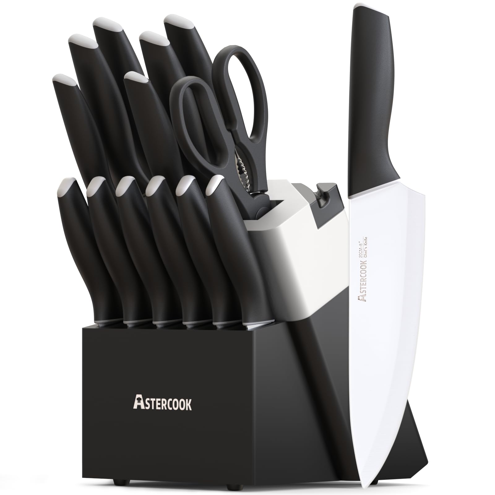 Astercook Knife Set, Kitchen Knives with Block and Sharpener Ceramic Coating 15 Pcs German Stainless Steel Knives Sharp Blade Dishwasher Safe Kitchen Utensils Set with Ergonomic Handle, Elegant Black