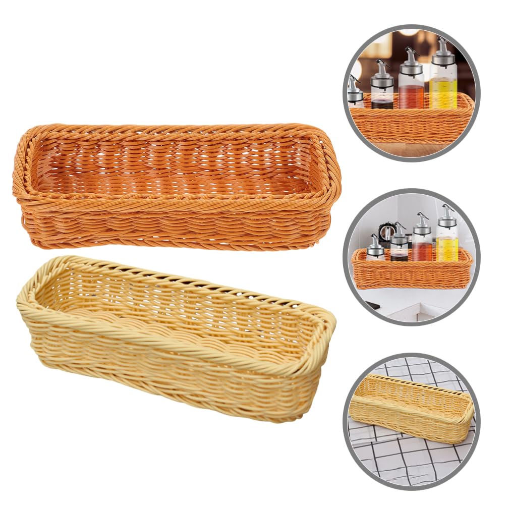 VOSAREA Wicker Storage Basket Plastic Long Narrow Rectangular Woven Shelf Basket Cutlery Spices Jar Toilet Paper Towel Basket Wicker Cube Storage Bins Boho Cutlery Tray