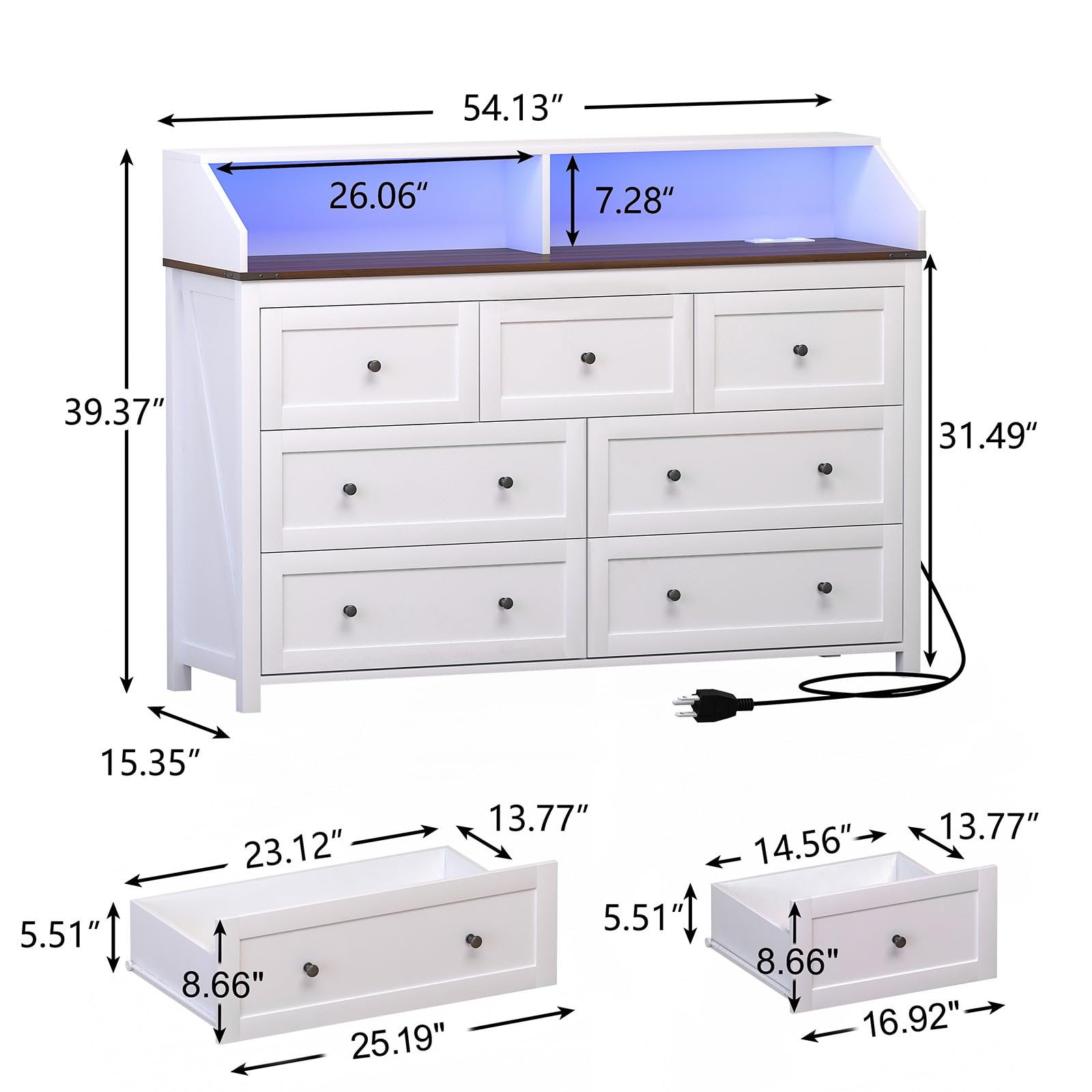 GlouMod LED Dresser with Charging Station, 7 Drawer Dresser for Bedroom, Chest of Drawers with RGB Lights, Wood Dresser with Deep Drawers for Bedroom, Hallway, White Dresser