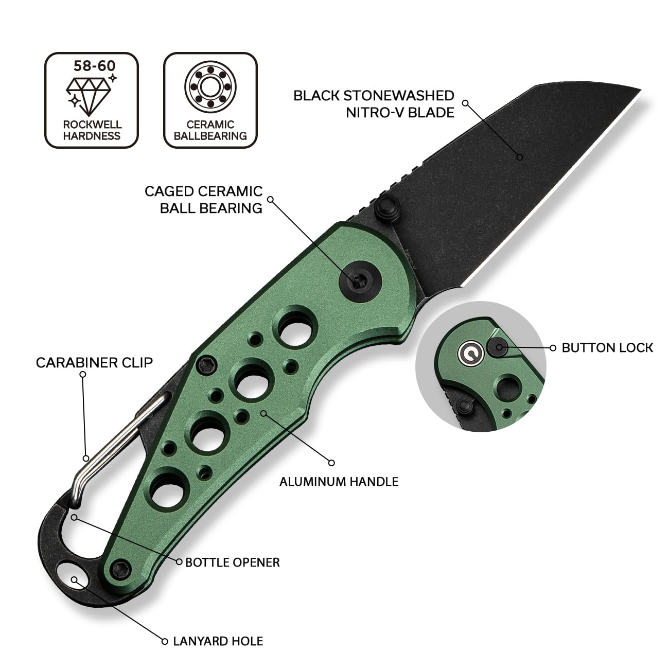 CIVIVI Pragma Folding Knife, Pocket Knife Multitool with EDC Carabiner, Bottle Opener, 2.2" Nitro-V Blade Aluminum Handle, Ideal Gift for Men Women C23062B-3 (Green)