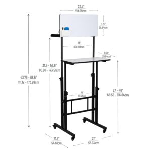 Mind Reader Standing Whiteboard Desk, Adjustable Height, Computer Desk, Laptop Desk, Portable, Rolling, 21" L x 21.5" W x 68.5" H, White