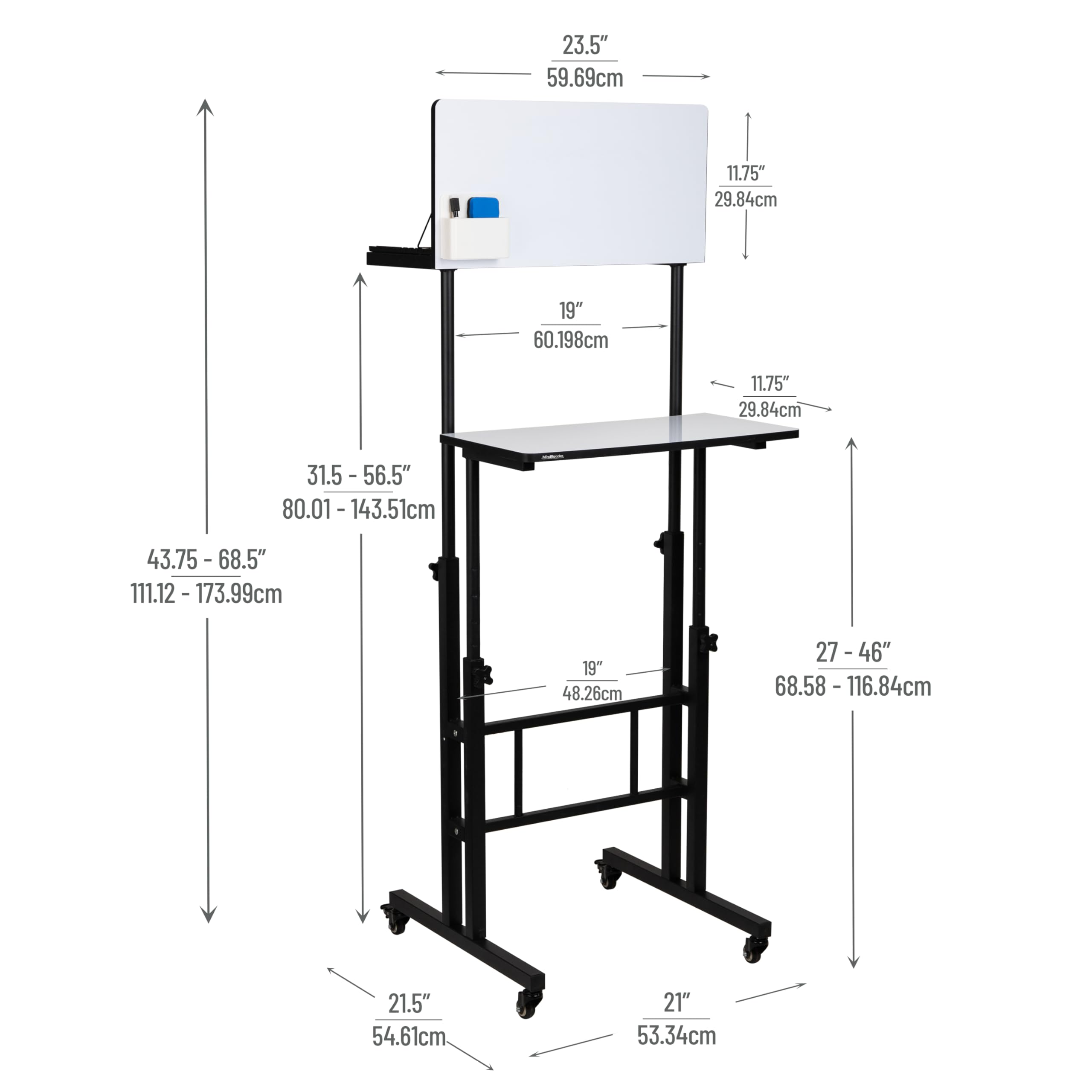 Mind Reader Standing Whiteboard Desk, Adjustable Height, Computer Desk, Laptop Desk, Portable, Rolling, 21" L x 21.5" W x 68.5" H, White