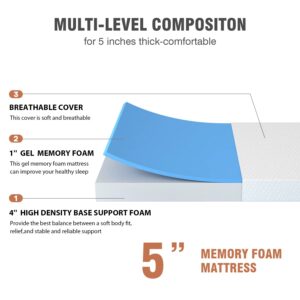 XXkseh Twin Mattress, 5 inch Medium Firm Feel Gel Memory Foam Mattress with CertiPUR-US Certified Twin Size Mattresses for Cool Sleep & Pressure Relief（White）