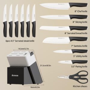 Astercook Knife Set, Kitchen Knives with Block and Sharpener Ceramic Coating 15 Pcs German Stainless Steel Knives Sharp Blade Dishwasher Safe Kitchen Utensils Set with Ergonomic Handle, Elegant Black