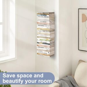 Atsgke Invisible Floating Bookshelf for Wall, 4 Tier Vertical Spine Bookshelves for Wall, Heavy-Duty Metal Vertical Bookshelf for Home Office, Floating Bookshelf Vertical 2 Pack White