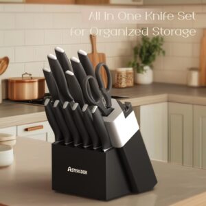 Astercook Knife Set, Kitchen Knives with Block and Sharpener Ceramic Coating 15 Pcs German Stainless Steel Knives Sharp Blade Dishwasher Safe Kitchen Utensils Set with Ergonomic Handle, Elegant Black