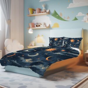 Lokaluo Moon Duvet Cover Queen Size 3D Printed Moon Sun Duvet Cover Set Stars Clouds Cosmic Sun Bedding Set Bedroom Decor 3 Pcs Comforter Cover with 2 Pillowcases