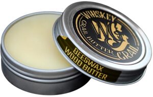 whiskey grail - grail butter - beeswax wood butter for whiskey grail cups, food grade wax for maintaining bourbon cup's glossy sheen, enhances & protects whiskey grail’s handcrafted charred oak finish