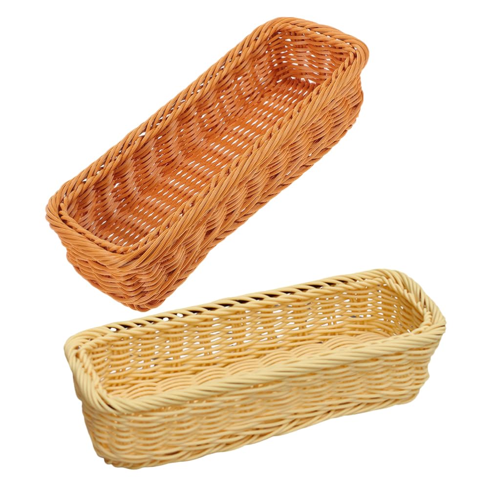 VOSAREA Wicker Storage Basket Plastic Long Narrow Rectangular Woven Shelf Basket Cutlery Spices Jar Toilet Paper Towel Basket Wicker Cube Storage Bins Boho Cutlery Tray