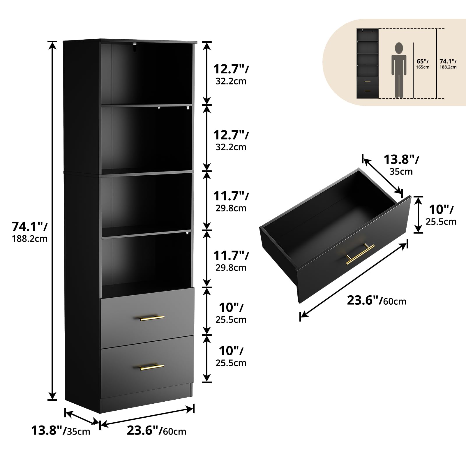 Cozy Castle 74.1'' Bookcase with Drawers, 4 Shelf Bookcase with Adjustable Shelve, 4-Tier Freestanding Tall Bookcase, Black Bookshelf for Bedroom, Living Room, Office, Black