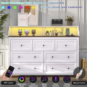 GlouMod LED Dresser with Charging Station, 7 Drawer Dresser for Bedroom, Chest of Drawers with RGB Lights, Wood Dresser with Deep Drawers for Bedroom, Hallway, White Dresser