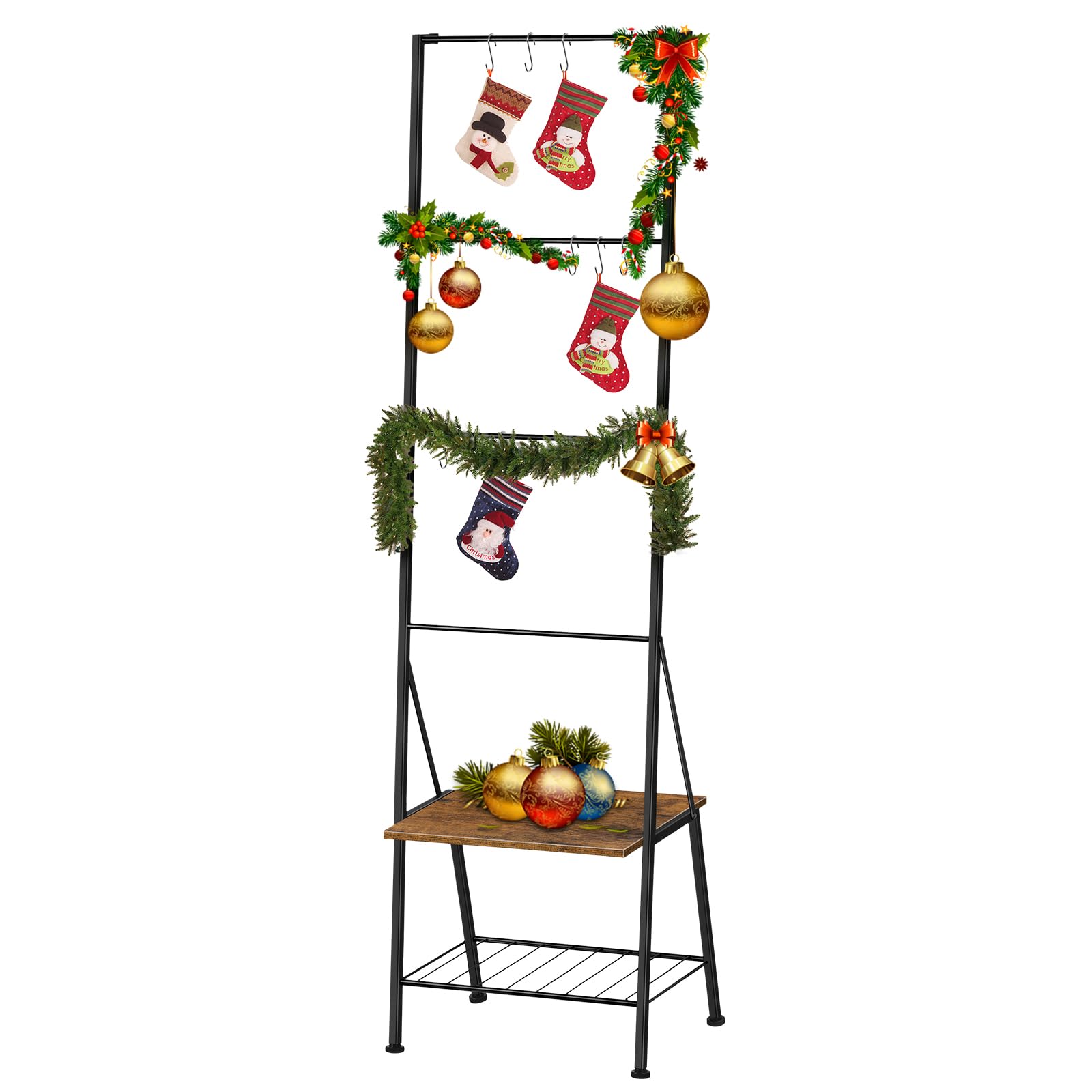 Blanket Ladder Christmas Stocking Holders for Mantle Black Towel Ladder with Shelf Metal Blanket Ladder Holder for Bathroom Standing Ladder Towel Rack with Hooks for Living Room Bedroom Laundry Room