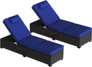 garveelife patio chaise lounges set of 2, outdoor pe wicker chaise lounge chairs with 5 adjustable backrest & 25d cushions perfect for beach pool lawn yard patio, blue