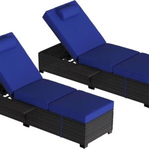 GarveeLife Patio Chaise Lounges Set of 2, Outdoor PE Wicker Chaise Lounge Chairs with 5 Adjustable Backrest & 25D Cushions Perfect for Beach Pool Lawn Yard Patio, Blue