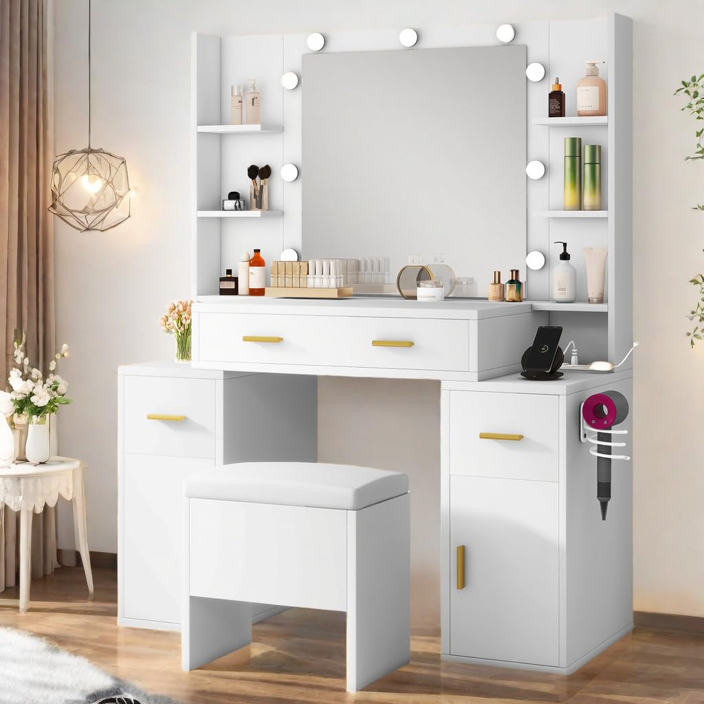 DWVO Vanity Desk with Mirror and Lights, Makeup Vanity Set with Power Outlet, Drawers & Cabinet, 3 Colors Lighting Adjustable Brightness, Dressing Table for Bedroom, Storage Stool, Off White