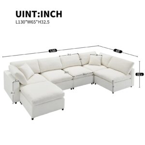 Cloud Modular Sectional Sofa, Convertible U-Shaped Sofa, 130 "Comfortable Sleeper Sofa, 6 Seater Chenille sectional Sofa Set with Ottoman, Suitable for Living Room Office Apartment (Beige)