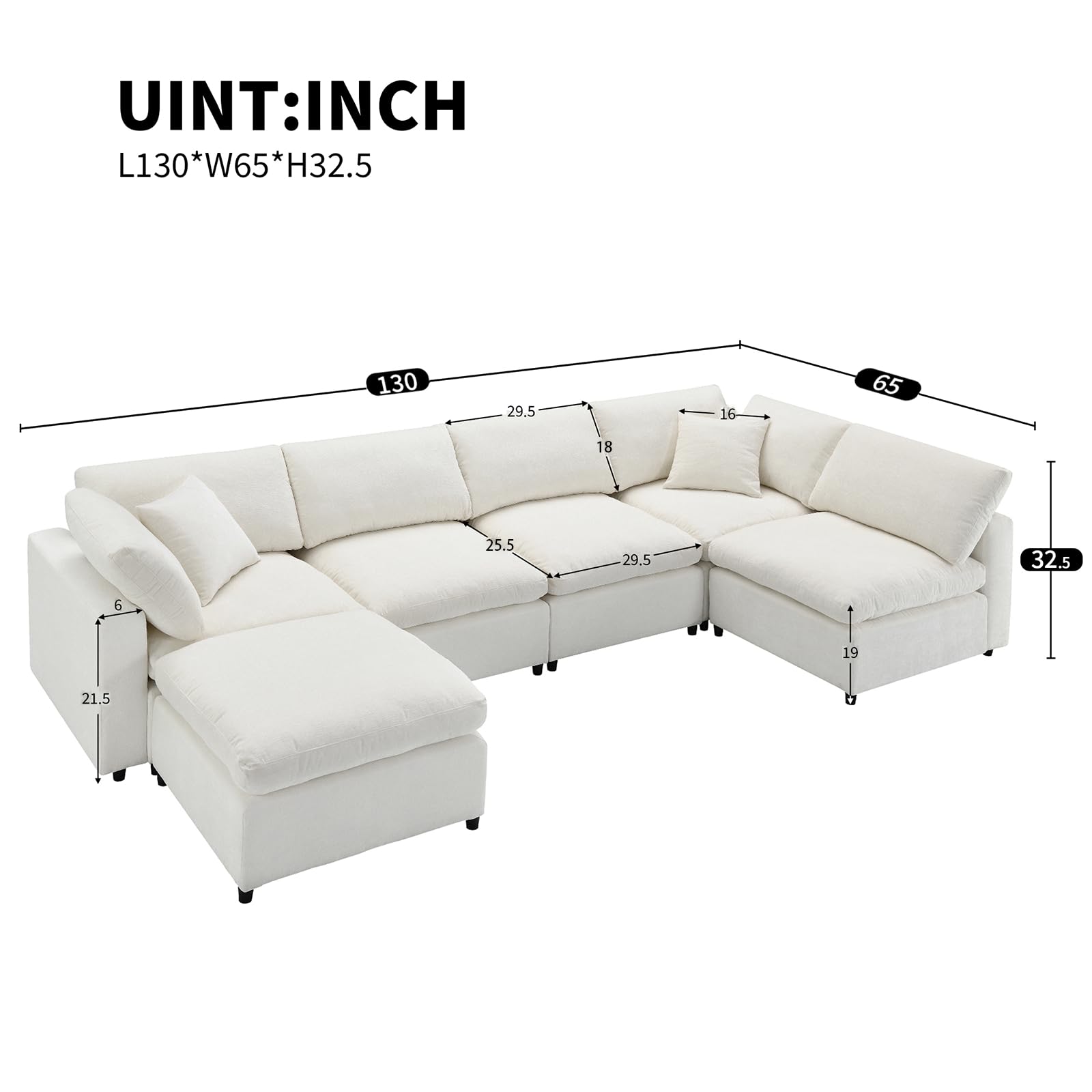 Cloud Modular Sectional Sofa, Convertible U-Shaped Sofa, 130 "Comfortable Sleeper Sofa, 6 Seater Chenille sectional Sofa Set with Ottoman, Suitable for Living Room Office Apartment (Beige)