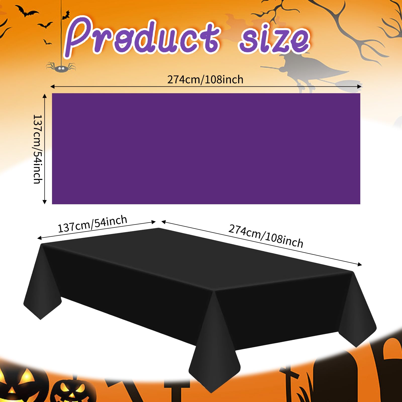 Yorcari 12 Pack Halloween Tablecloth Disposable Plastic 54 x 108 Inch Rectangle Tables Cloth Waterproof Disposable Plastic Table Cover for Halloween Party and Decorations (Black, Orange, Purple)