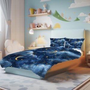 Lokaluo Moon Duvet Cover Queen Size 3D Printed Moon Stars Duvet Cover Set Clouds Space Galaxy Bedding Set Bedroom Decor 3 Pcs Comforter Cover with 2 Pillowcases