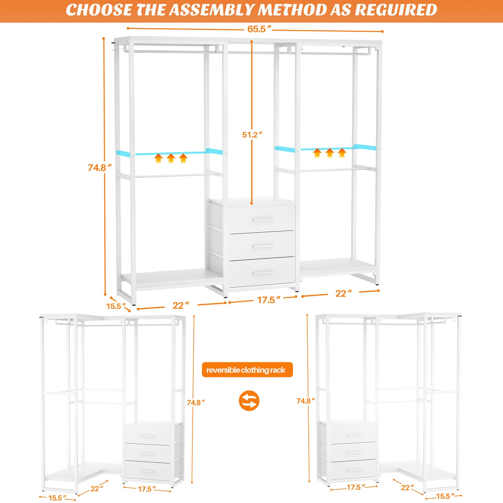 Aheaplus Garment Rack Heavy Duty Clothes Rack for Hanging Clothes,Clothing Rack with Drawers, Wood Stoarge Shelf Freestanding Closet Wardrobe Rack, Corner L Shaped Closet System Organizers, W3,White