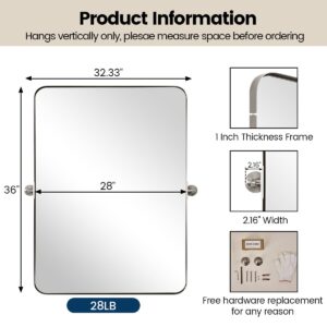 MOON MIRROR Brushed Nickel Pivot Rectangle Bathroom Mirror, Modern Tiltable Rounded Rectangular Pivoting Vanity Mirrors for Wall, Stainless Steel Metal Frame, Overall 32.33 x 36 in (Mirror 28x 36 in)