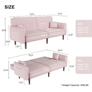 LOPOO Modern Convertible Sleeper Futon Sofa Bed with Solid Wood Legs, Stylish Fabric Upholstery, Foldable Loveseat Velvet Couch, Comfortable Foam Filling, 2 Side Pockets, 3 Positions, Pink