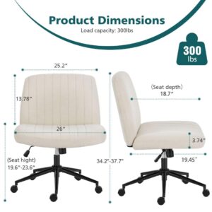 Criss Cross Chair with Wheels, Ergonomic Armless Swivel Comfy Vanity Seat, Wide Back Support and Adjustable Height for Home Office Bedroom Computer Gaming Makeup, Beige Fabric