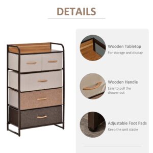 HOMCOM 5-Drawer Fabric Dresser Tower, 4-Tier Storage Organizer with Steel Frame for Hallway, Bedroom and Closet, Maple Wood