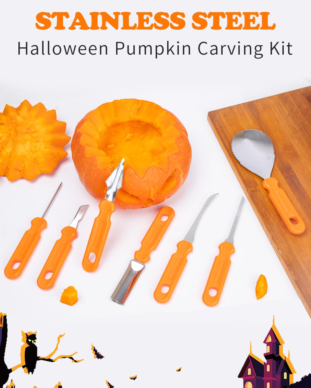 Halloween Pumpkin Carving Tools Kit, Professional and Heavy Duty Stainless Steel Pumpkin Cutter Knife Saw Scoop Tools Set for Kids or Adults, 7Pcs Carving Set for Halloween Decoration Jack-O-Lanterns