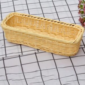 VOSAREA Wicker Storage Basket Plastic Long Narrow Rectangular Woven Shelf Basket Cutlery Spices Jar Toilet Paper Towel Basket Wicker Cube Storage Bins Boho Cutlery Tray