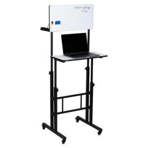 mind reader standing whiteboard desk, adjustable height, computer desk, laptop desk, portable, rolling, 21" l x 21.5" w x 68.5" h, white