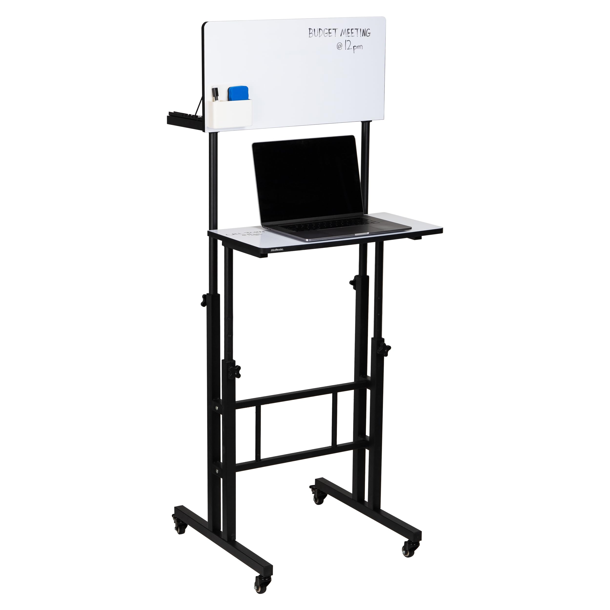 Mind Reader Standing Whiteboard Desk, Adjustable Height, Computer Desk, Laptop Desk, Portable, Rolling, 21" L x 21.5" W x 68.5" H, White